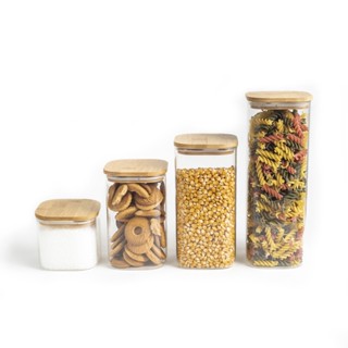 Kit 4 potes de vidro com tampa herméticos quadrados flat 600ml, 1100ml, 1400ml e 1900ml – Oikos