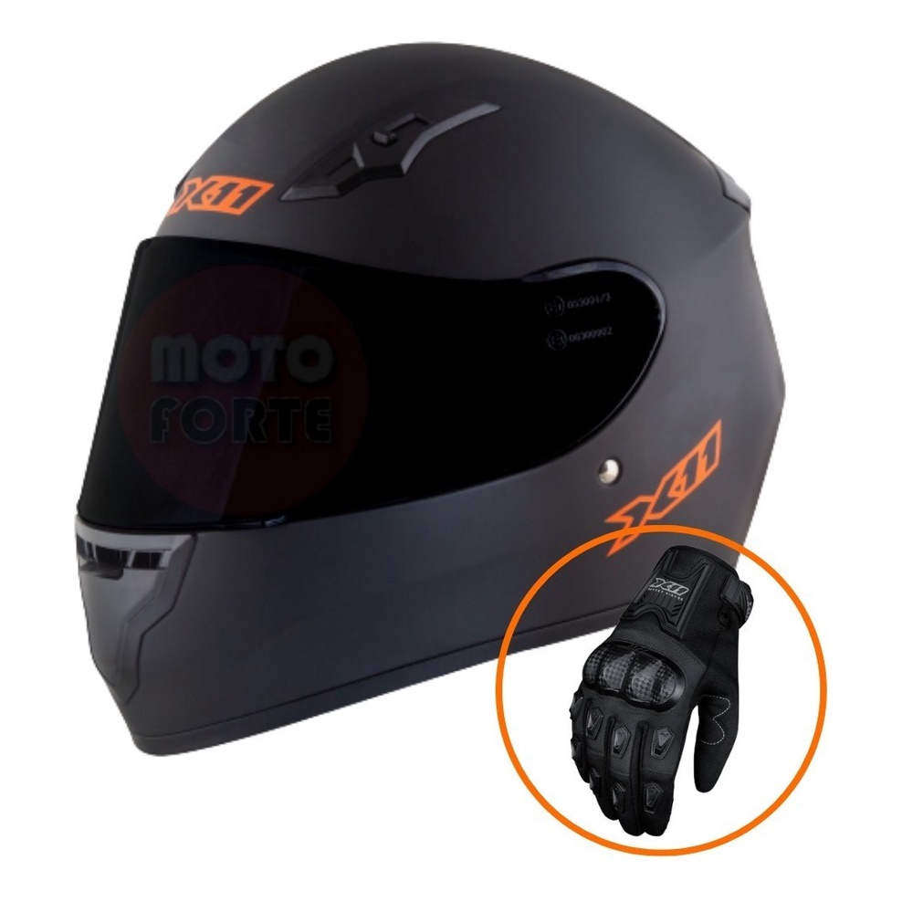 Capacete X11 Trust Shadow Laranja + Luva Blackout 2 + Viseira Fumê
