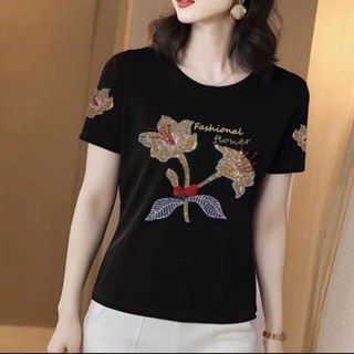 Mais Tamanho Nova Camiseta De Manga Curta Coreana Fashion Hot Diamond Top