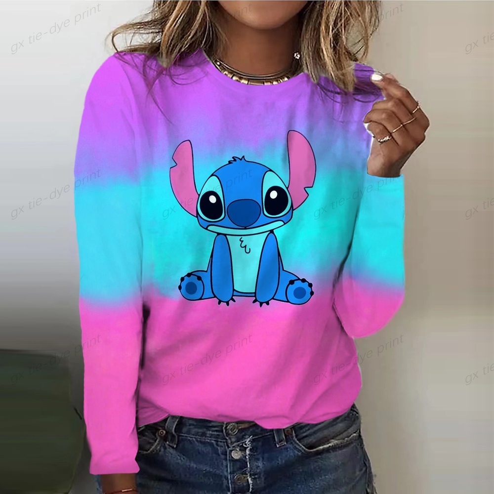 Desenho Animado Disney Stitch Print Loose Casual Camiseta De Manga Comprida Feminina O-nec...