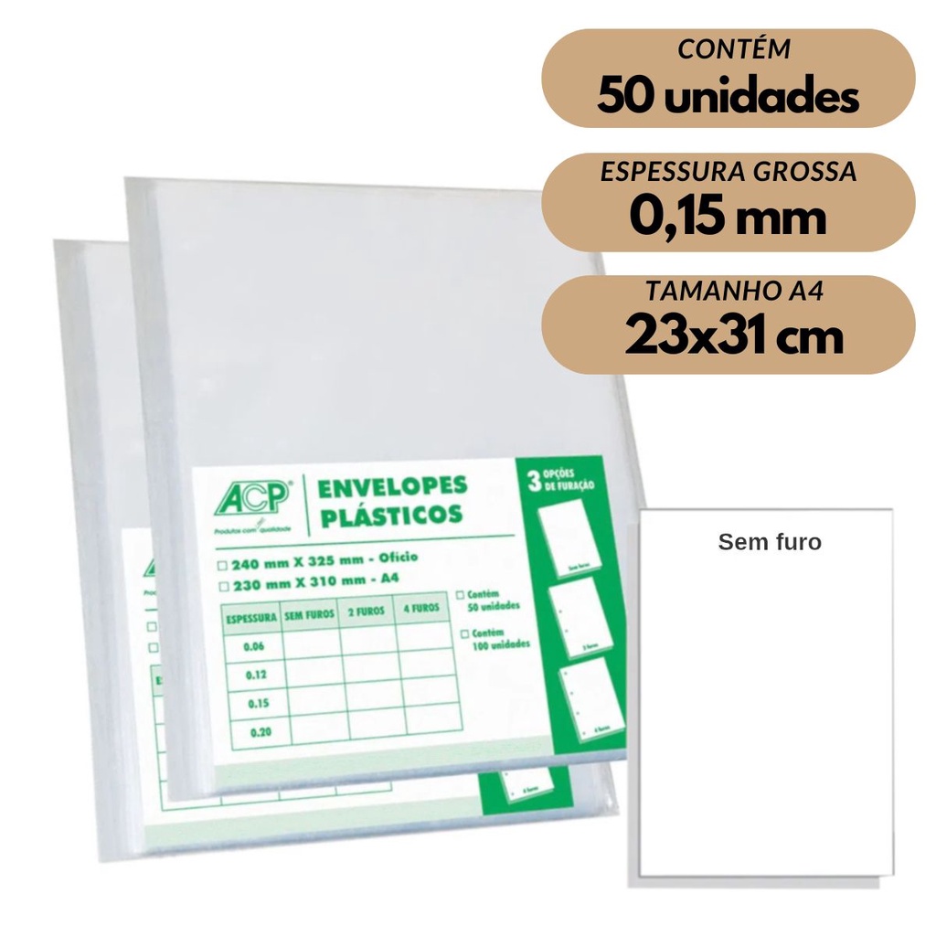 Kit 50 Envelopes Saco Plástico A4 0,15mm Sem Furos Transparente Grosso