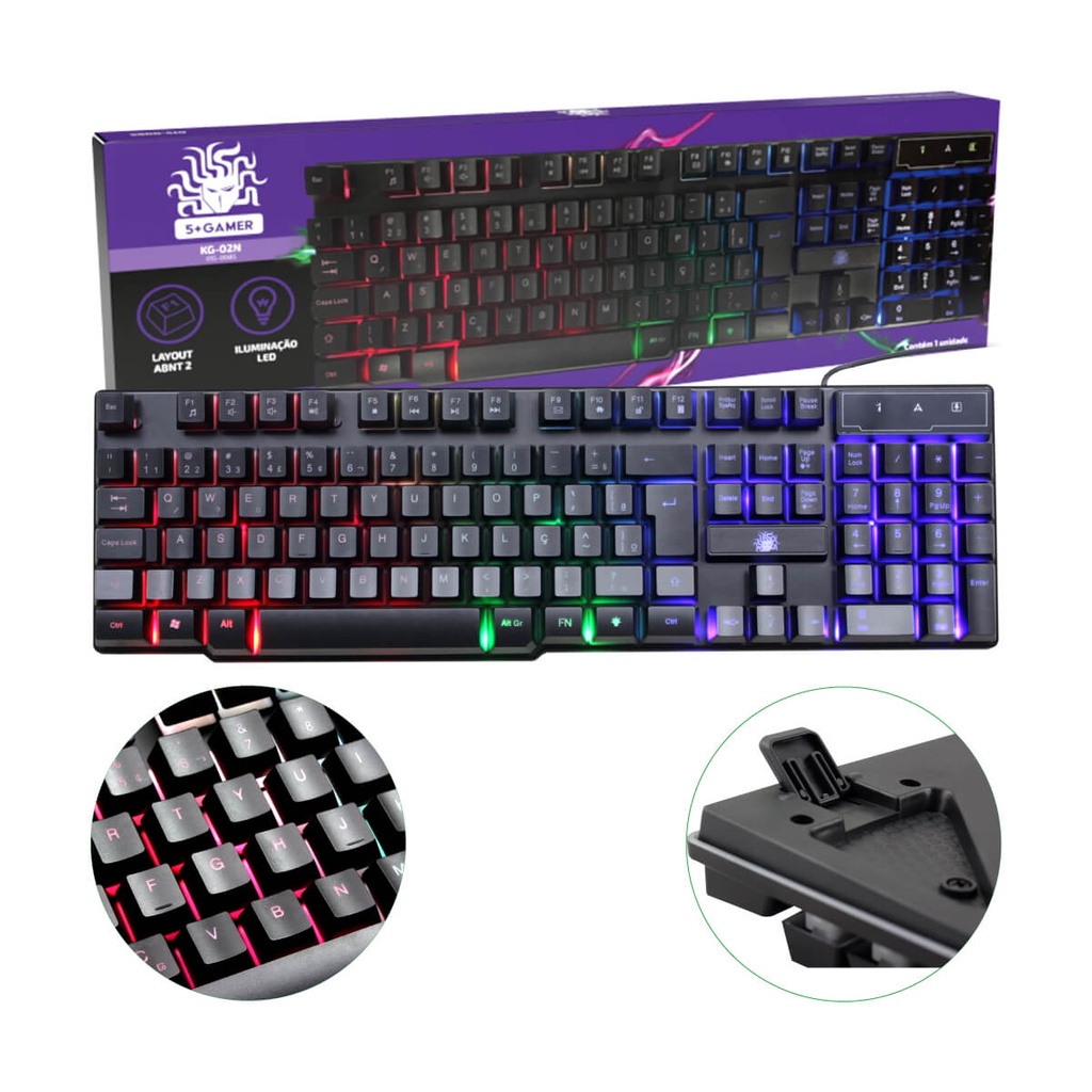 Teclado Gamer Qwerty Português Brasil Cor Preto Com luz RGB