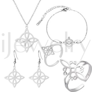 Conjunto de 6 peças de joias de nó de bruxa de aço inoxidável, anel ajustável, colar, pulseira, brinco, joia de nó celta para mulheres e homens