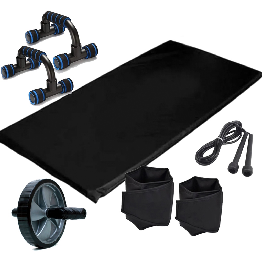 Kit Aeróbico - colchonete+ Corda + Caneleira 5kg+ Roda + Apoio Flexão