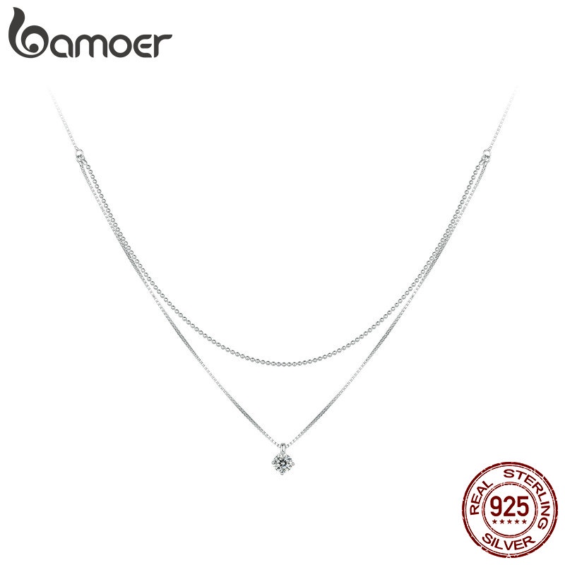 BAMOER 925 Colar Puro Simples De Dupla Camada De Moda Jóias Para Mulheres - Fashion Accessories