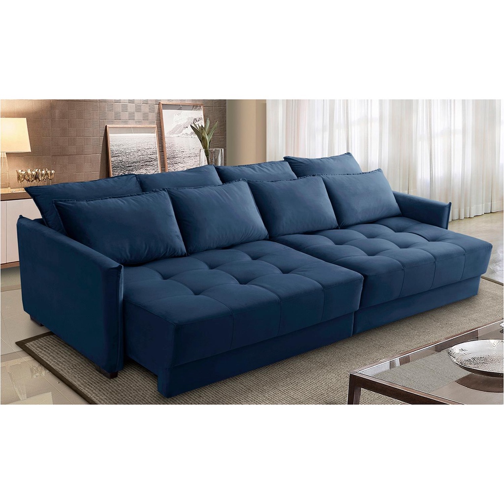 Sofá Cama Retrátil e Reclinável 2,10m com Molas Carol Veludo Azul Adonai Estofados - Home & Living