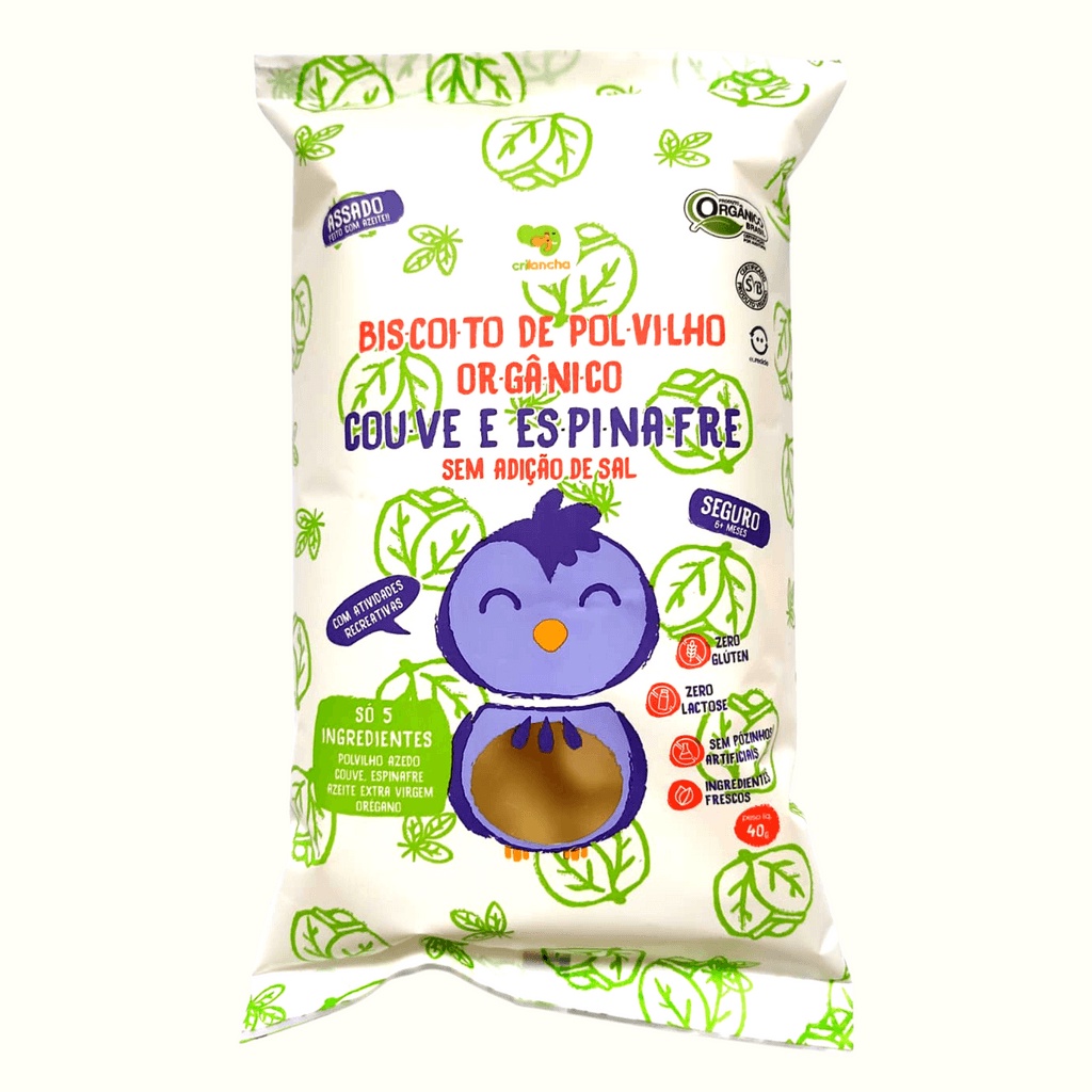 Biscoito Polvilho Assado Orgânico Vegano Couve e Espinafre Crilancha 40g Biscoito Infantil