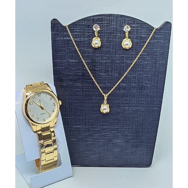 Kit Relógio Feminino Redondo Liso Aço Inox Analógico Dourado Rose Gold Quartzo + Colar e Brincos Folheado Ouro