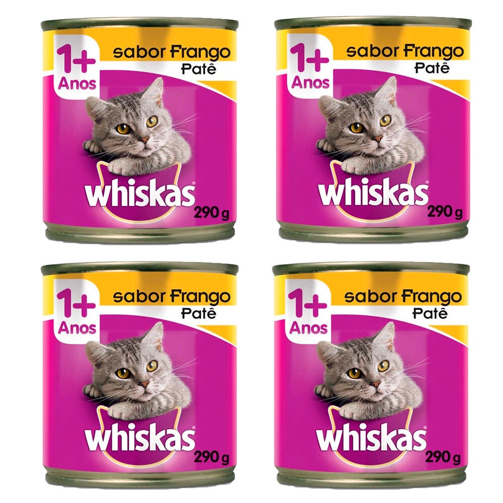 Kit com 4 Ração Úmida Lata Whiskas Gatos Adultos Patê de Frango 290g em Oferta na Shopee