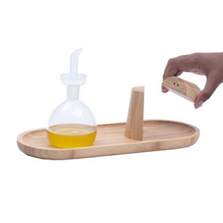 Kit galheteiro porta azeite, bandeja de bambu e saleiro e pimenteiro - Oikos em Oferta na Shopee