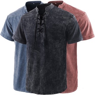 Moda Masculina Retro Cintas Colarinho Camisa Sólida Casual Manga Curta Roupas Verão Bandagem Solta Rendas Até Plus Size 