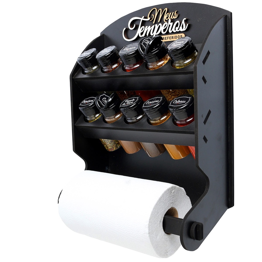 Porta Tempero Suporte Papel Toalha 10 Potes Etiquetas Mdf