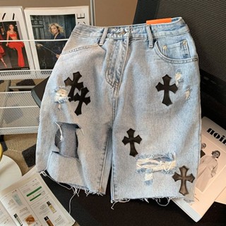 Calções jeans cruzes europeu buraco masculino calça esportiva