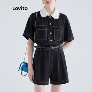 Lovito Casual Conjunto Feminino Liso de Blusa de Manga Curta com Botão e Gola Contrastante e Shorts Largo de Cintura Alta L53AD051 (Blusa/Calça)