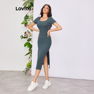 Lovito Vestido com Fenda de Alta Elasticidade e Algodão para Mulheres LBE02006 (Azul)