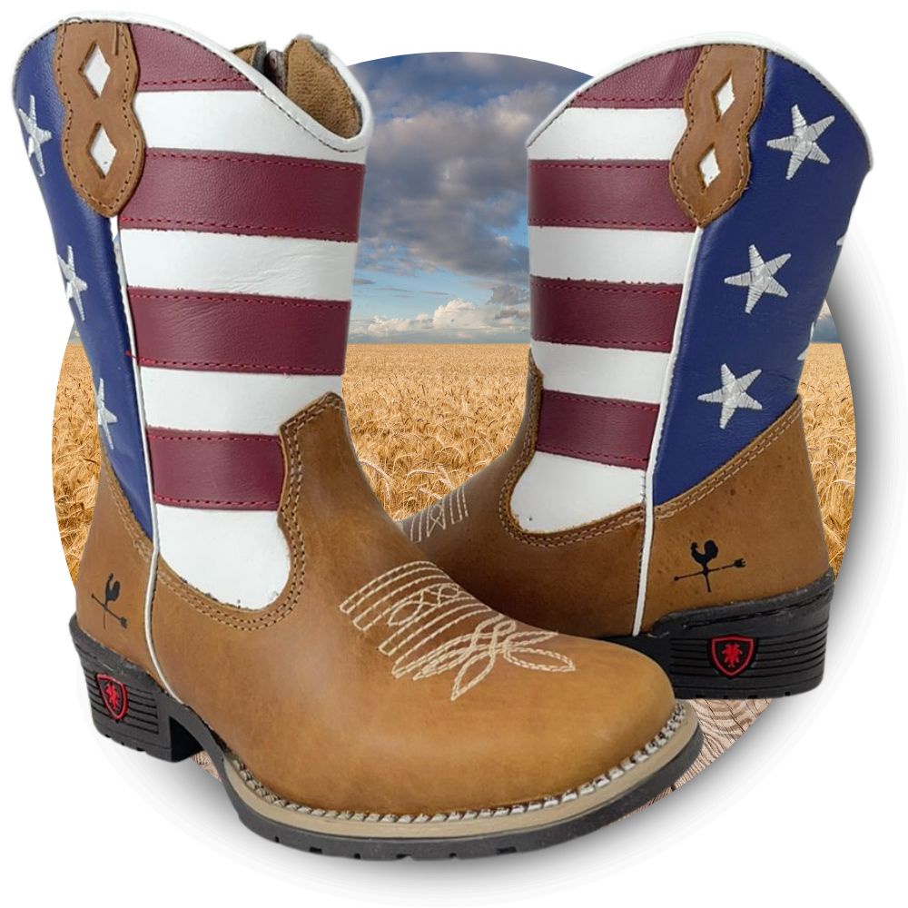 Bota Texana Infantil Para Rodeio Juvenil Pecos Marrom Bandeira USA Cowboyzinho