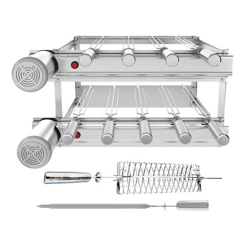 Churrasqueira Gira Grill Dupla 100% Inox 9 Espetos Giratórios + Grelha Peixe / Frango