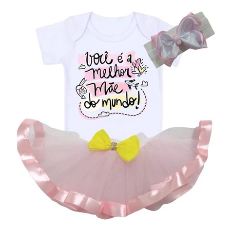 Conjunto Infantil Bebê Menina Dia Das Mães Saia Tutu E Body
