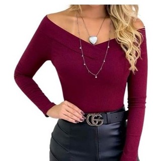 Body Feminino Manga Longa Ciganinha Ombro a Ombro Canelado