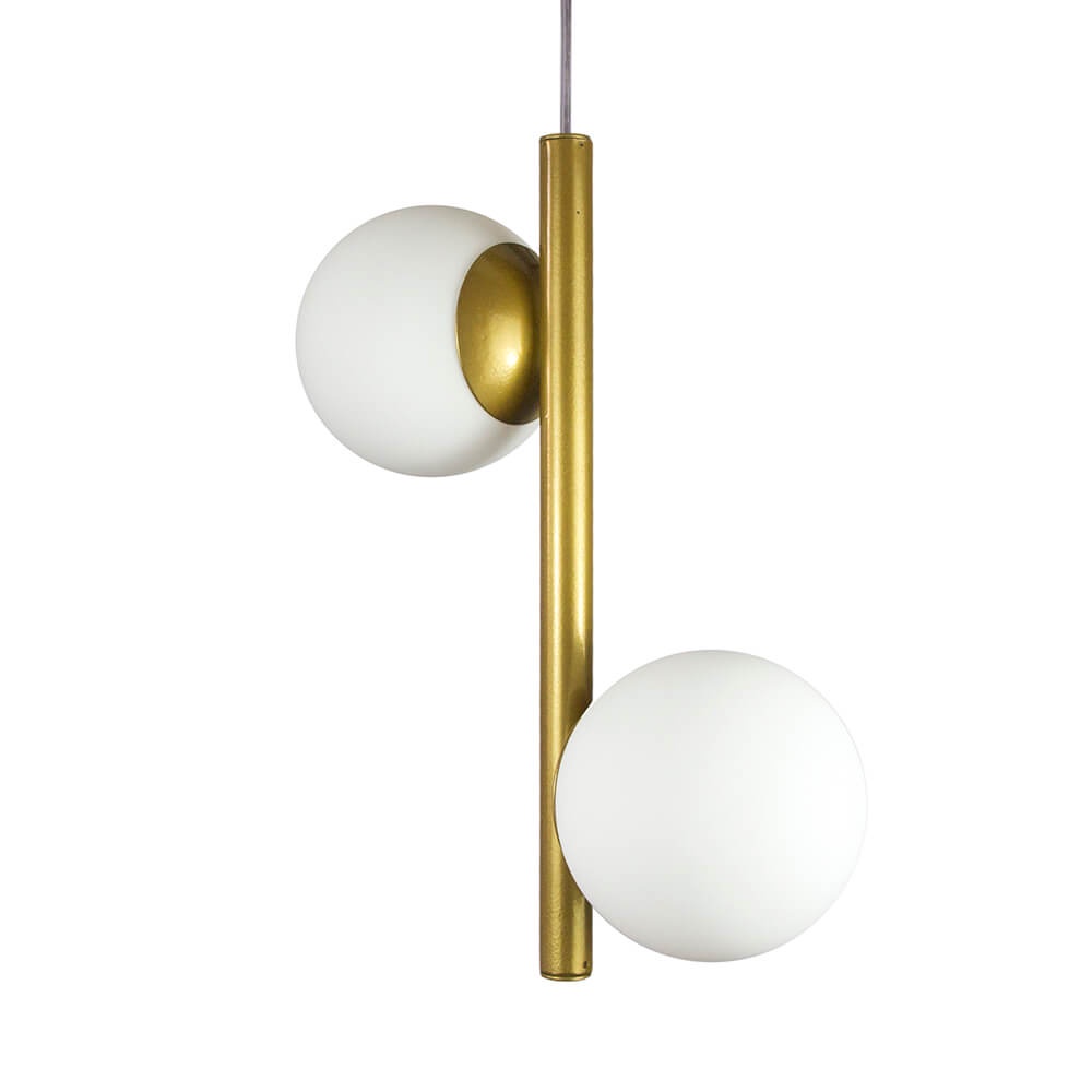 Lustre Pendente Figo OURO - 2 Globos Esfera de Vidro Branco