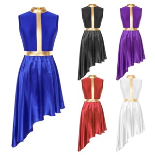 Womens Color Block Patchwork Vestido De Dança Lírica Com Zíper Invisível Costas Fluxo Assimétrico Vestidos Sem Mangas Dancewear
