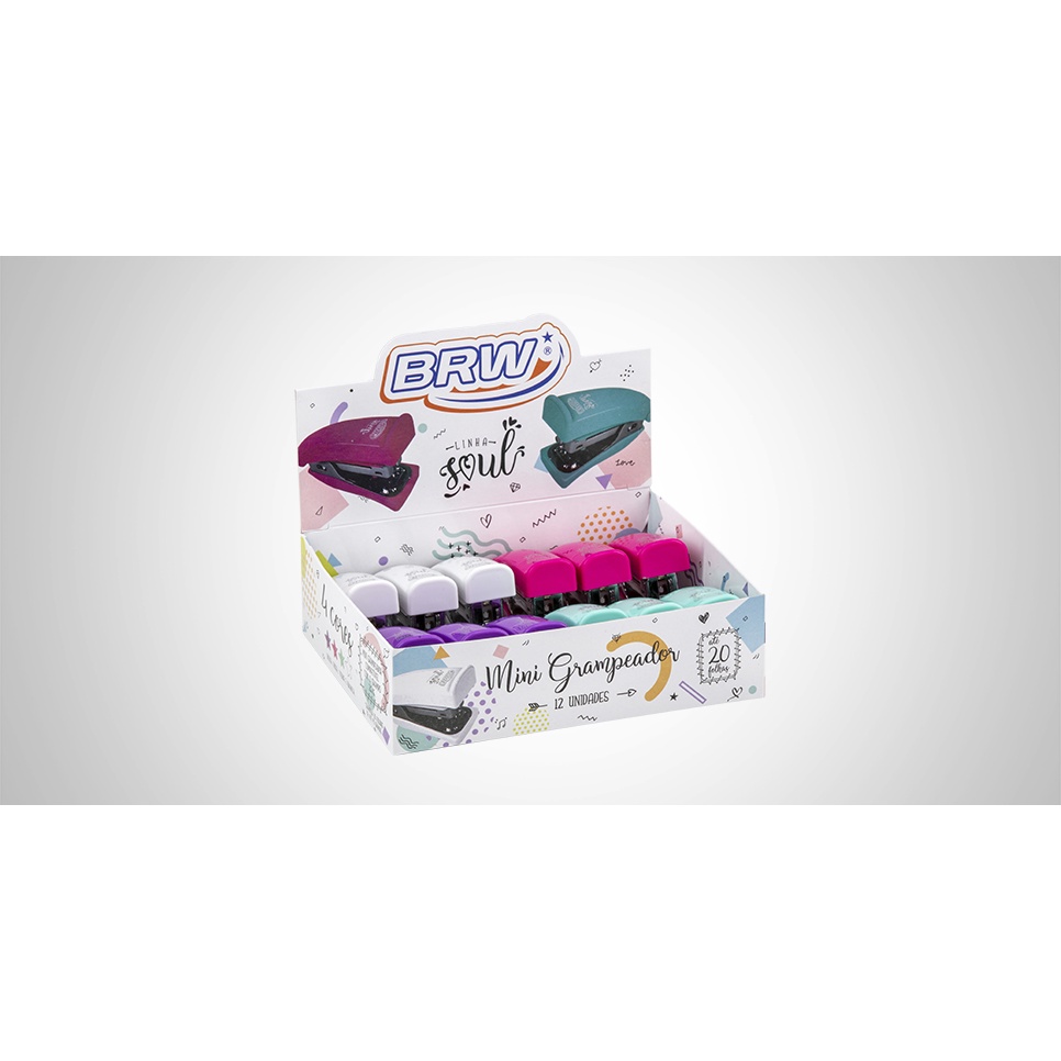 Mini Grampeador BRW - tons Neon com 1.000 grampos - Rosa, Verde, Roxo e Branco