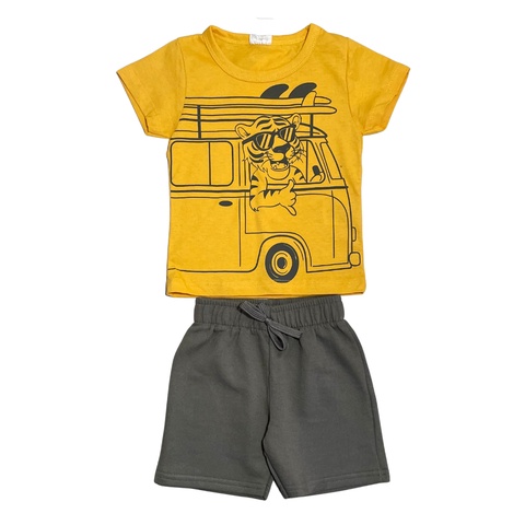 Conjunto infantil masculino camiseta estampa tigre bermuda moletinho 123