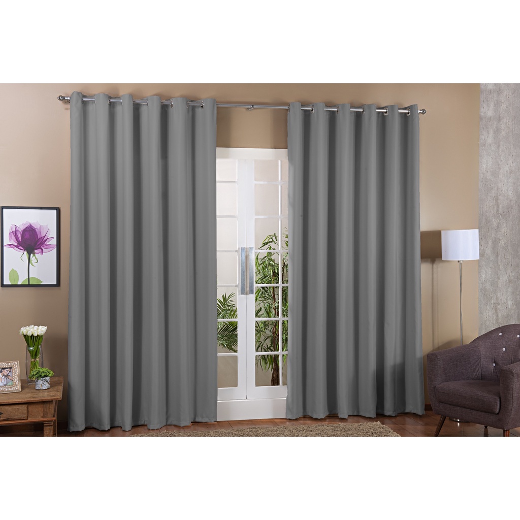 Cortina em Tecido Blackout Corta Luz Sala Quarto 2,80m x 2,80m Ilhós Cromado – Cinza