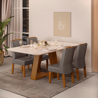 Conjunto de Sala de Jantar 4 Cadeiras Tampo Curvo Dj Moveis Kiara Freijó Lidia Lunar em Oferta na Shopee