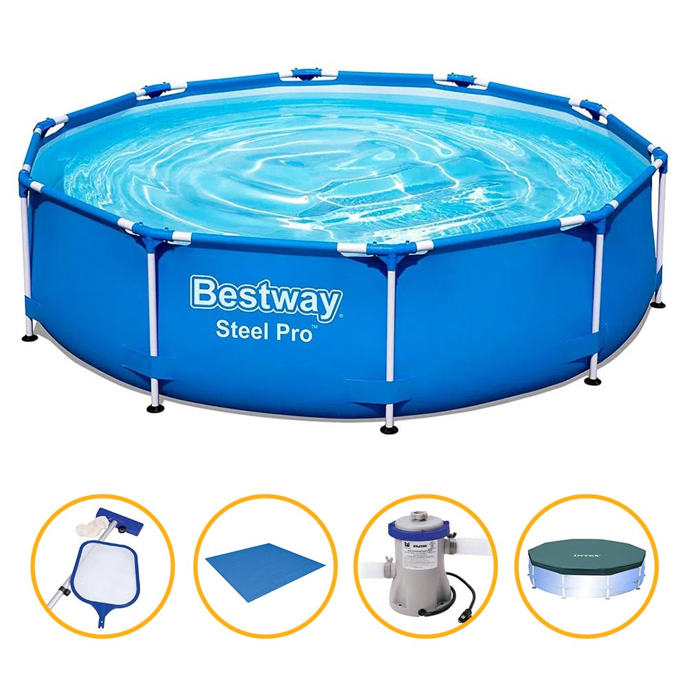 Piscina Estrutural Armação 4.678 litros Com bomba filtrante + Capa + Forro + Kit Limpeza Bestway