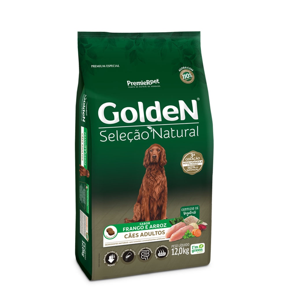 Ração Golden Seleção Natural Cães Adultos Frango e Arroz 12kg - Pets