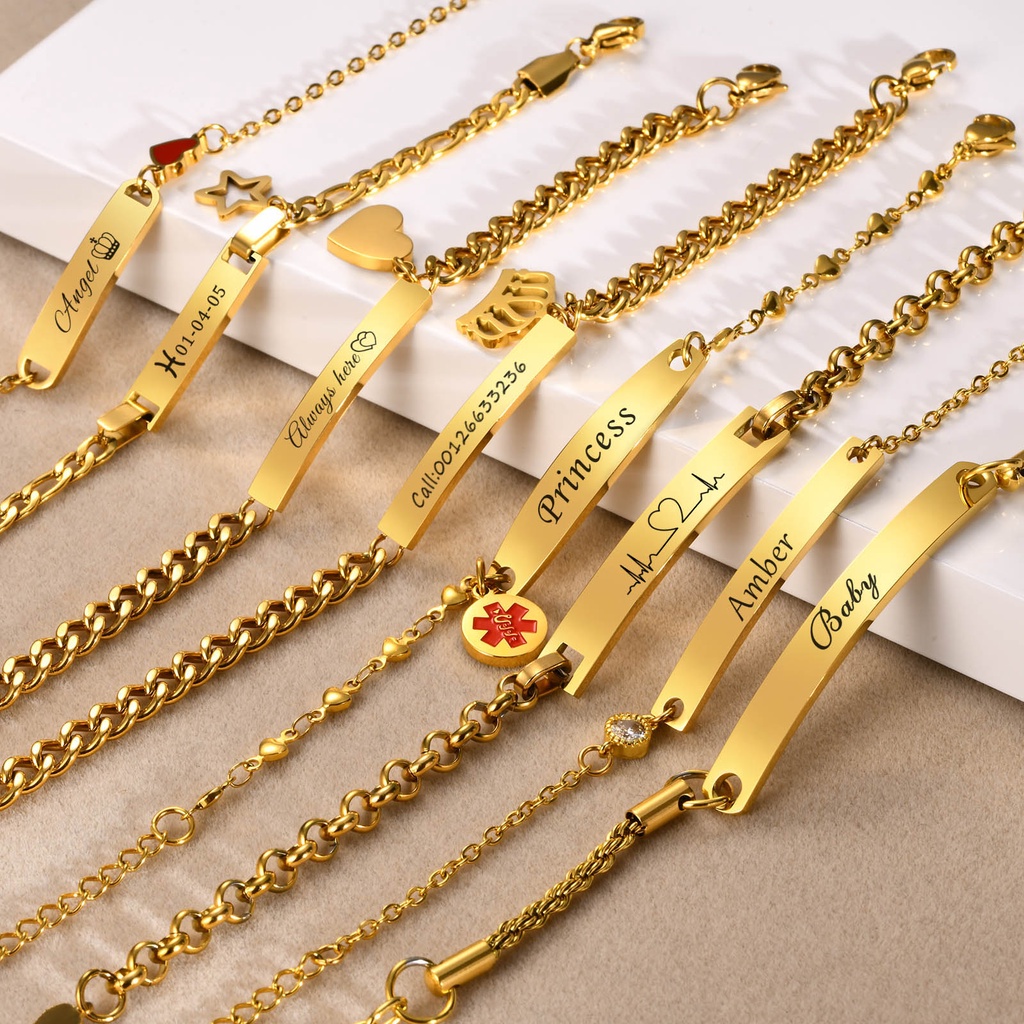 Vnox Pulseira Personalizada Feminina , 18k Gold Name ID Presente De Aniversário , De Link De Aço Inoxidável em Oferta na Shopee