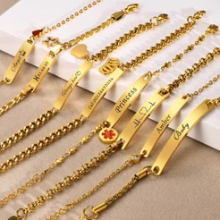 Vnox Pulseira Personalizada Feminina , 18k Gold Name ID Presente De Aniversário , De Link De Aço Inoxidável