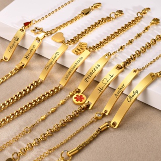 Vnox Pulseira Personalizada Feminina , 18k Gold Name ID Presente De Aniversário , De Link De Aço Inoxidável em Oferta na Shopee