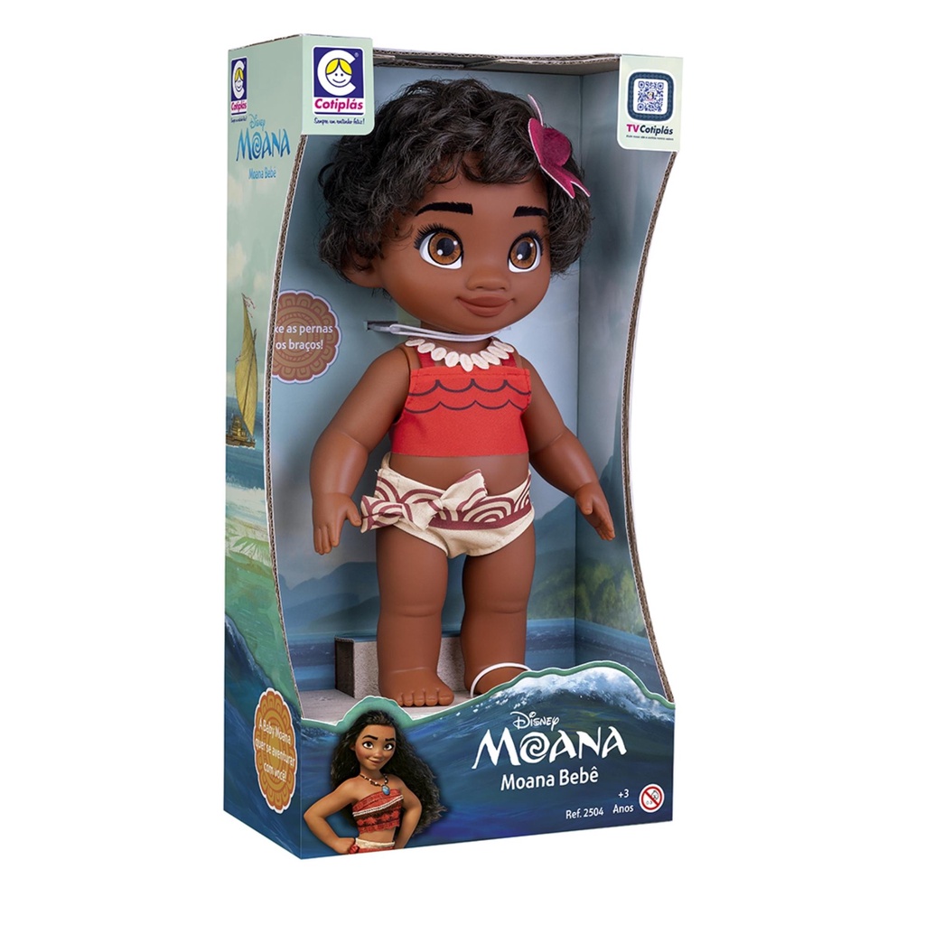 Boneca Bebê Princesa Disney Moana 36cm Plástico Vinil Cabelos Realista Cotiplás