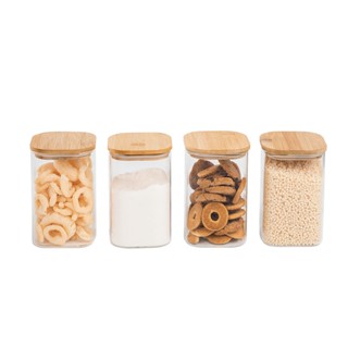 Kit 4 Potes de Vidro Mantimentos Quadrados 1100ml C/Tampa Bambu - Oikos