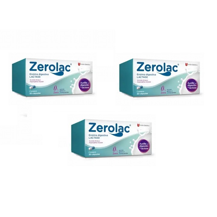 Kit com 3 Zerolac Enzima Digestiva Lactase 30 Cápsulas - União Química