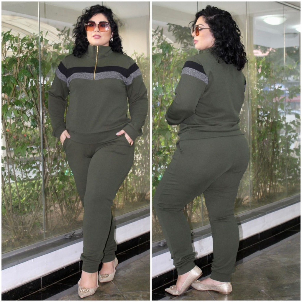 Conjunto Feminino Crepe Estiloso plus size : Zíper Frontal e Bolso na Calça para um Visual...