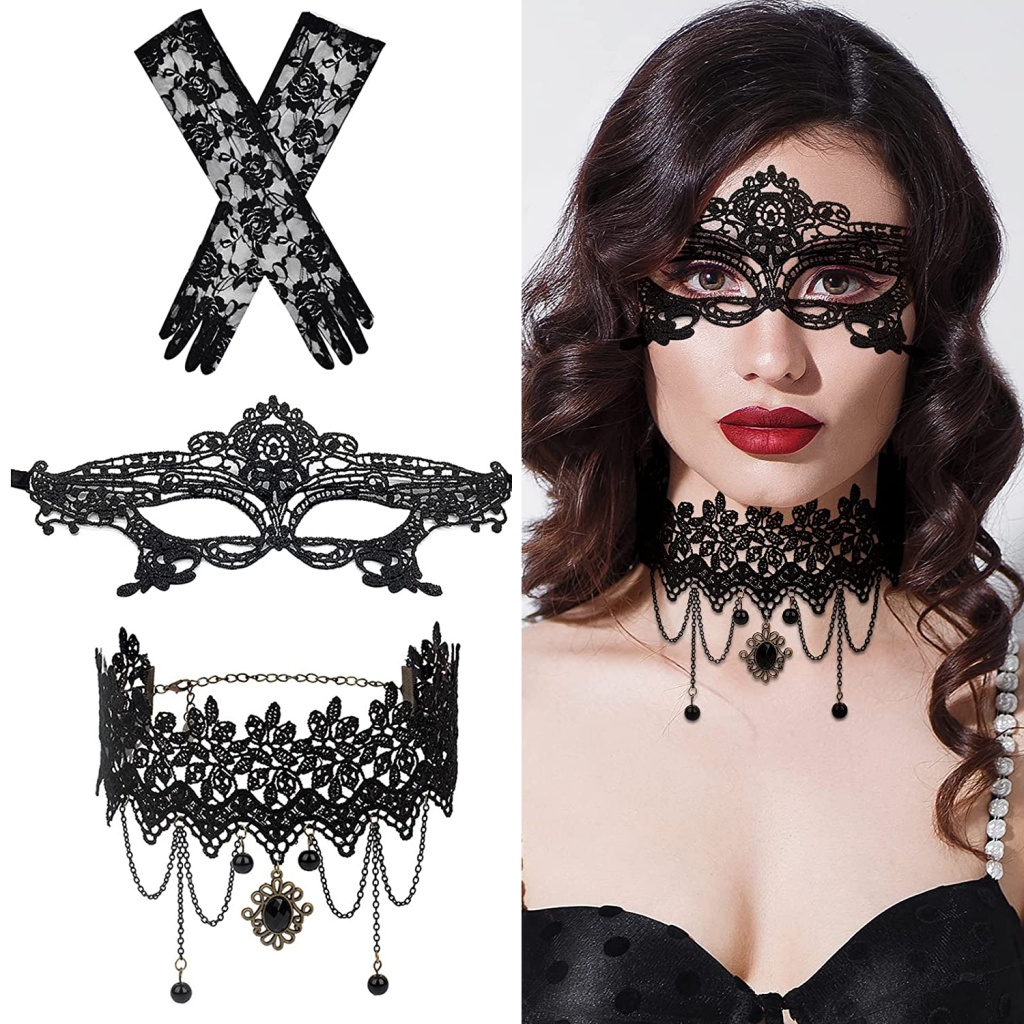 Conjunto De Máscaras Mascarada , Máscara De Fantasia De Renda Gótica Com Gargantilha E Luvas Veneziana De Halloween Mardi Gras Para Coquetel De Festa Cosplay