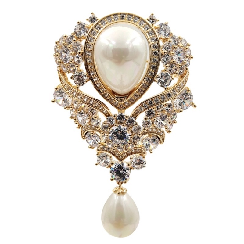 Pergaminho De Fita Vintage Imitado Pérola Gota De Broches De Casamento Gold Tone Pave Floral Teardrop Luxo Jóias De Alfinete Nupcial