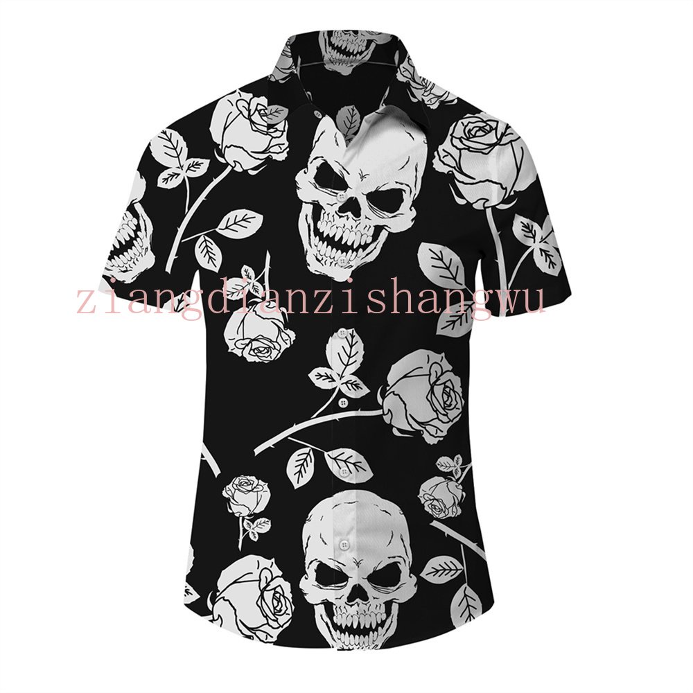 Summer Skull Men's Hawaiian Shirt Beach Impressão Manga Curta Camisa De Praia Com Botões Casuais