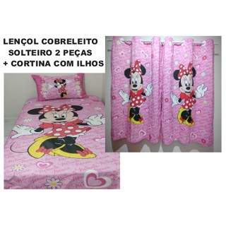 Kit Lençol Cobreleito solteiro + Cortina MINNIE ROSA LINDA