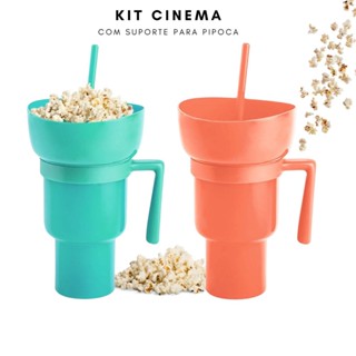 Copo com suporte, alça e canudo prático Porta Pipoca Pote Kit Cinema