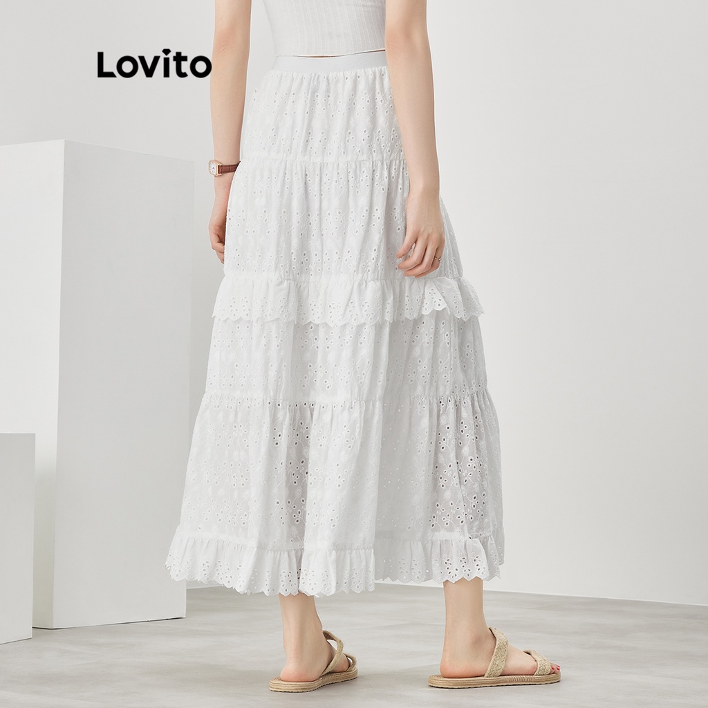 Detalhes do Lovito Saias Boho Com Babados Lisos E Bainha De Alface Com Acabamento Em Saia Evasê Para Mulheres L52AD142 (Branco)