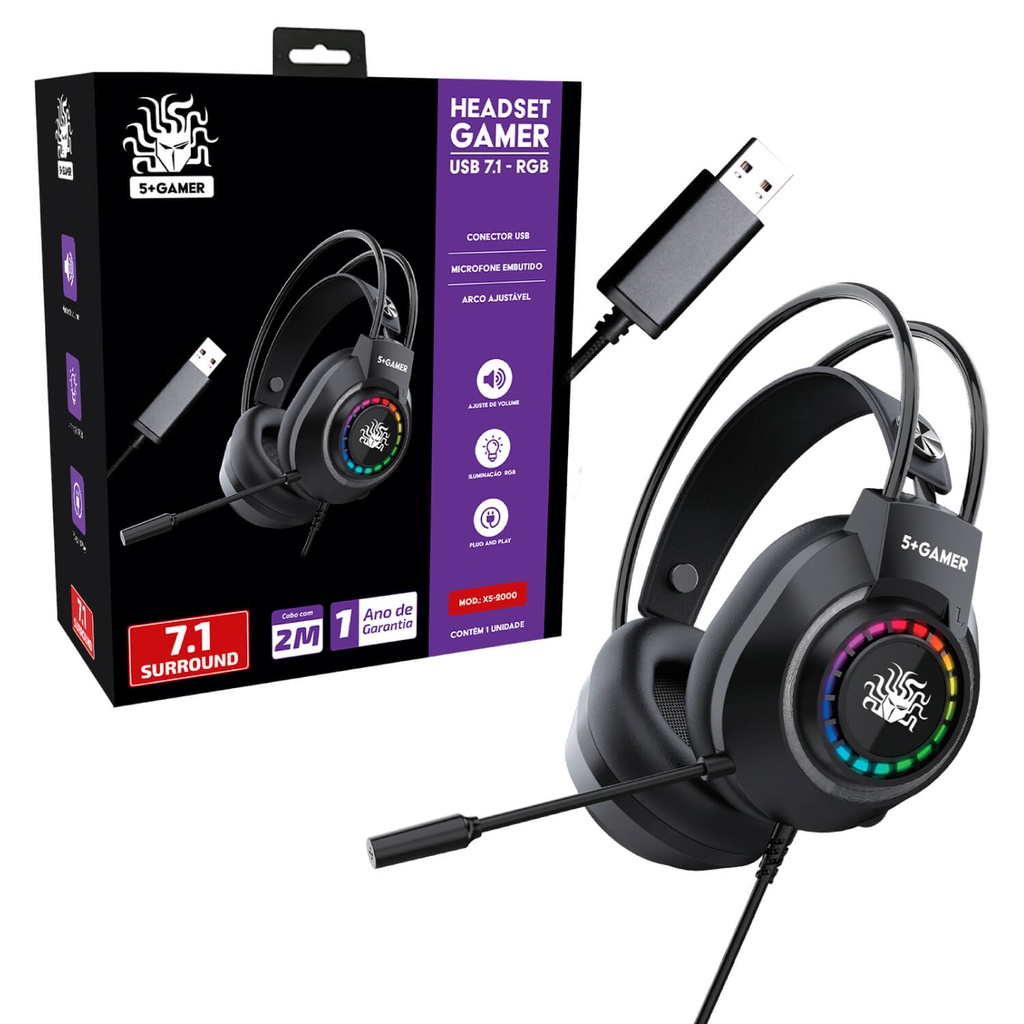 Fone Gamer Headset 7.1 Led Rgb Mic Usb Ajustável Cabo 2 Metros