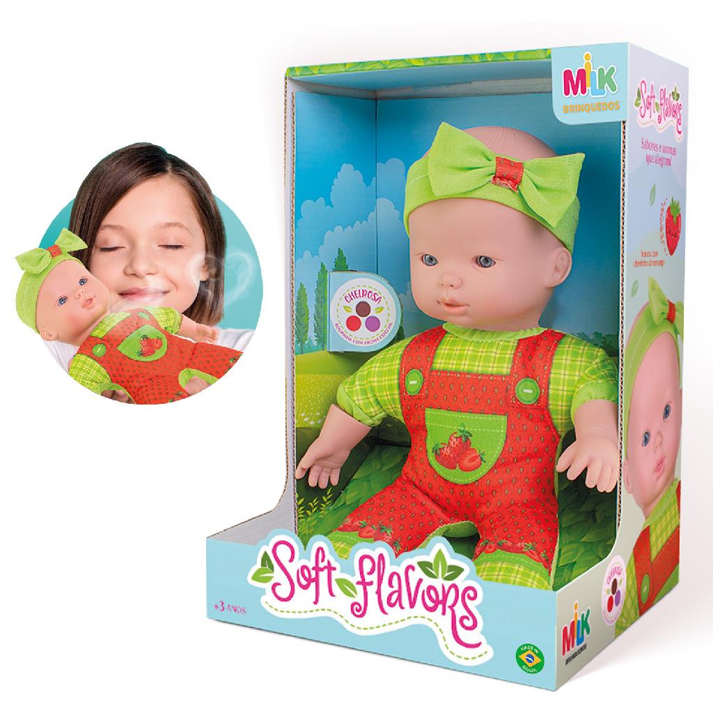 Boneca Neném Soft Cheirinho de Morango e Uva Bebê Super Macia Menina Milk Brinquedos