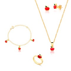 Kit Conjunto Infantil Maçãzinha em Resina com Colar, Pingente, Brinco, Pulseira e Anel Regulável Banhado a Ouro 18k em Oferta na Shopee