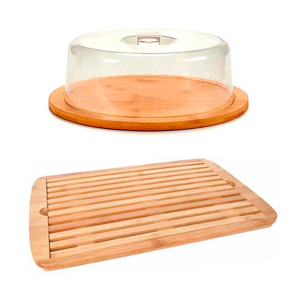 Kit Boleira bambu tampa acrílico porta bolo torta sobremesas e Tábua para corte de pães migalheira bandeja decorativa mesa posta suporte papa migalha bamboo