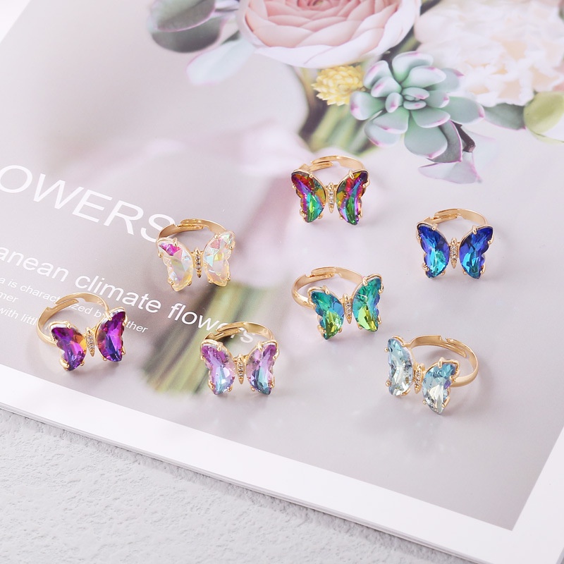 Fashion Shine Rhinestone Crystal Butterfly Rings Multi-Color Anel Metálico Ajustável Simples Feminino Festa Jóias Presentes
