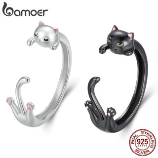 Bamoer Silver 925 Preto E Branco Cor Gato Abertura Anéis De Casal Presentes De Moda